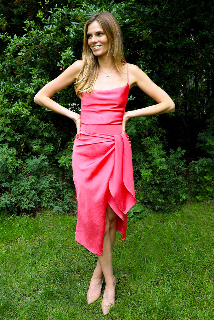 Ellie Cowl wrap midi dress in hot pink with open strappy back